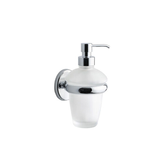 SPANDISAPONE A PARETE CON CONTENITORE IN VETRO SATINATO, EROGATORE IN OTTONE CROMATO DN/A2367A