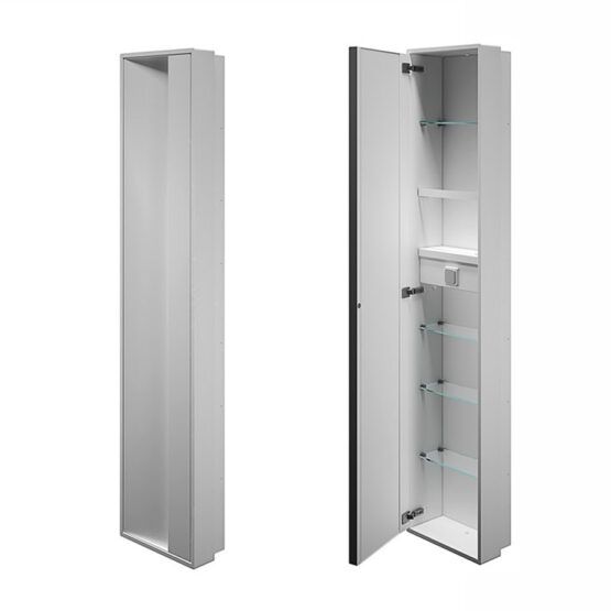 MODULO SEMINCASSO CON MENSOLE IN VETRO, PORTASCIUGACAPELLI, ANTA BATTENTE E SPECCHIO INTERNO DN/A8036B