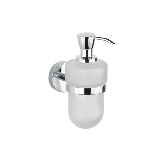 SPANDISAPONE A PARETE CON CONTENITORE IN VETRO SATINATO, EROGATORE IN OTTONE CROMATO DN/A36120